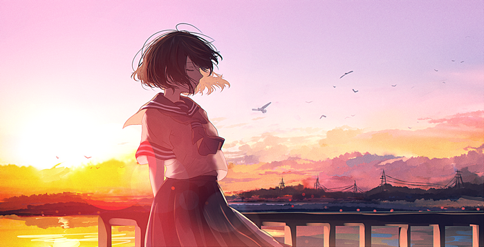 Anime girl with dark hair at sunset