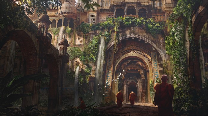 Monks walking through ancient overgrown temple with waterfalls