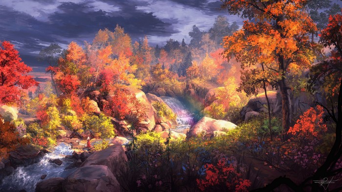 Fantasy art of a colorful autumn forest with a waterfall