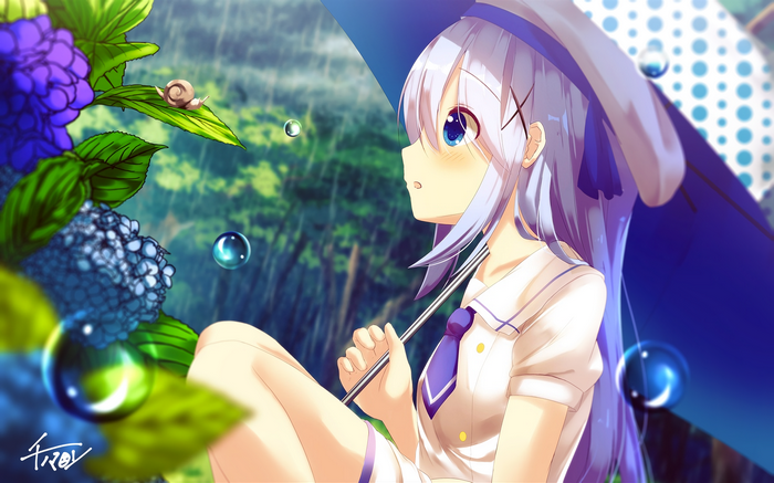 Kafuu Chino Sitting with Umbrella in Rain