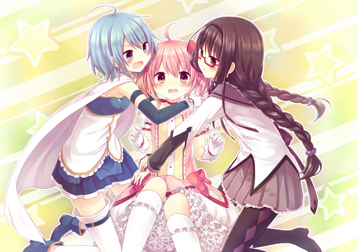 Three anime girls from Mahou Shoujo Madoka Magica