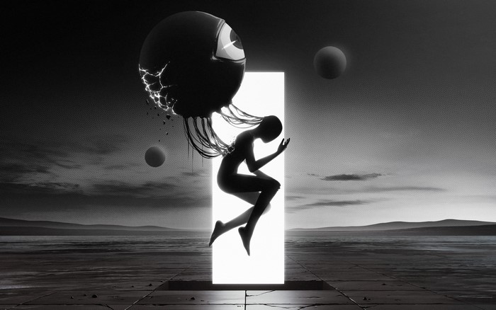 Surreal monochrome artwork of a figure emerging from a glowing portal