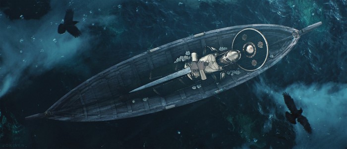 Viking boat with sword and shield on stormy sea