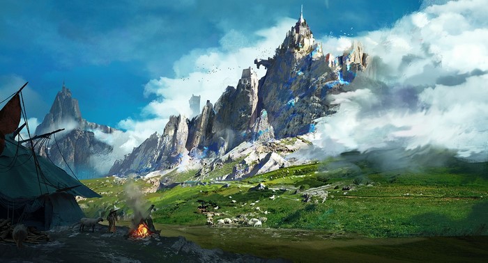 Fantasy landscape with mountains and a campsite