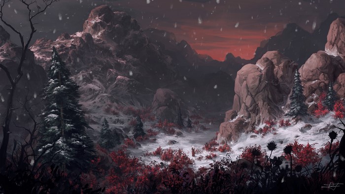 Digital artwork of a snowy mountain landscape with red foliage