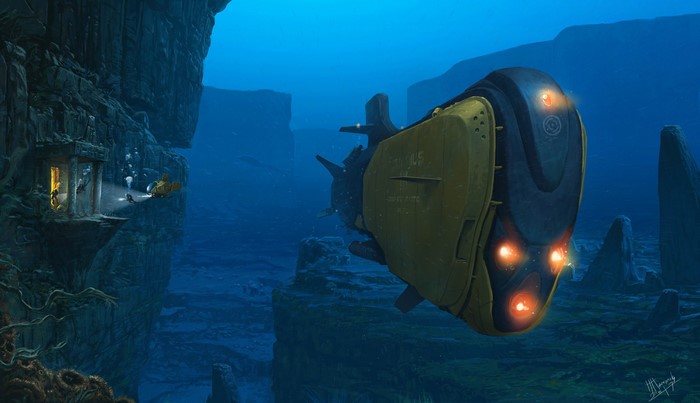 Submarine exploring underwater ruins