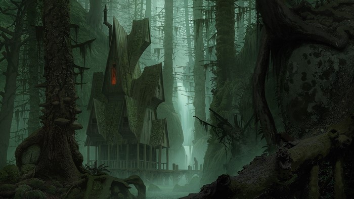 Fantasy art of a spooky house in a misty forest