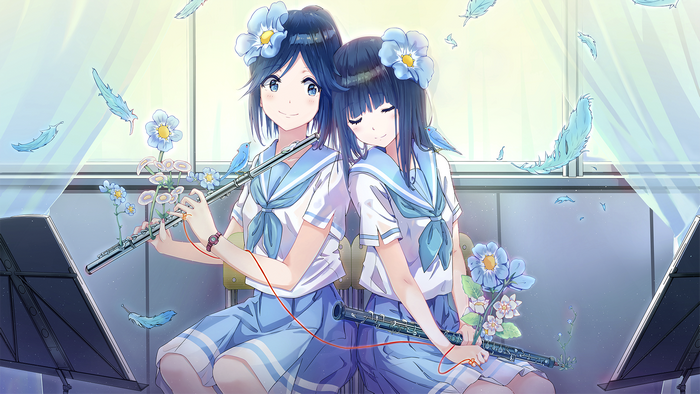 Two anime girls with blue hair playing flutes