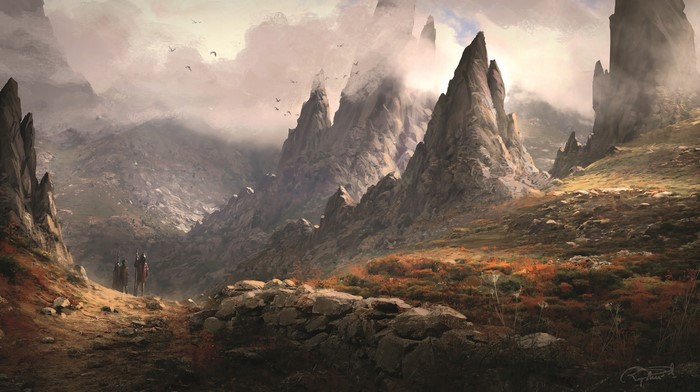 Fantasy landscape with jagged mountains and two figures