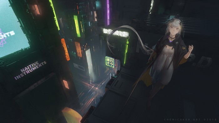 Anime girl in cyberpunk city with neon lights