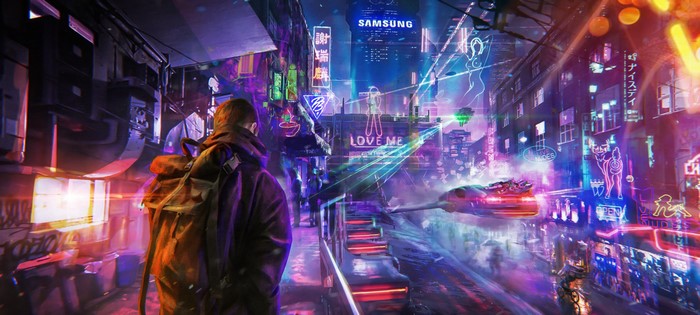 Cyberpunk city street with a person and flying vehicle