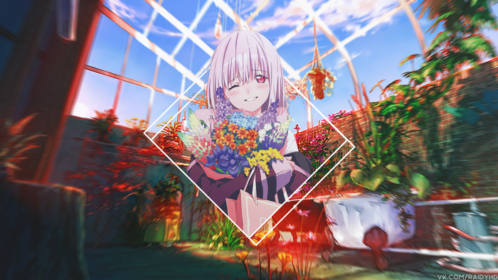 Anime girl with flowers in a greenhouse