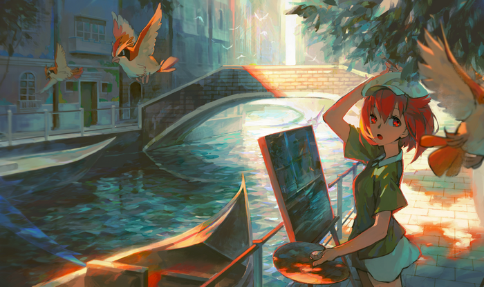 Anime girl painting by canal with birds