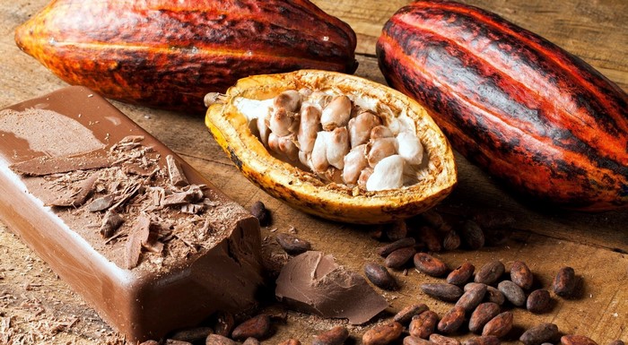 Chocolate bar, cocoa pods, and cocoa beans on wood