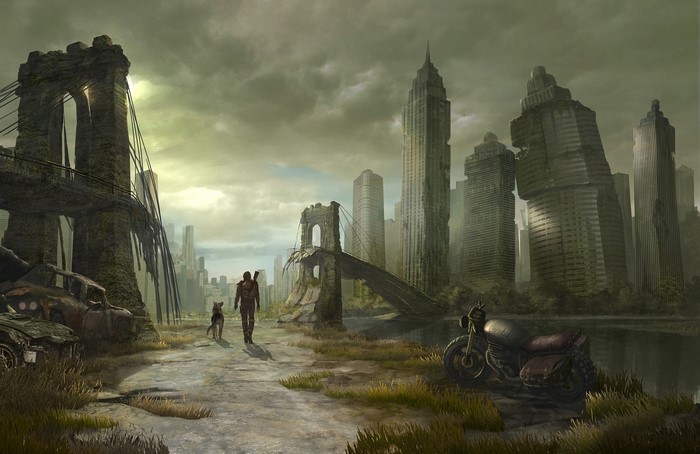 Post-apocalyptic cityscape with a man and dog walking
