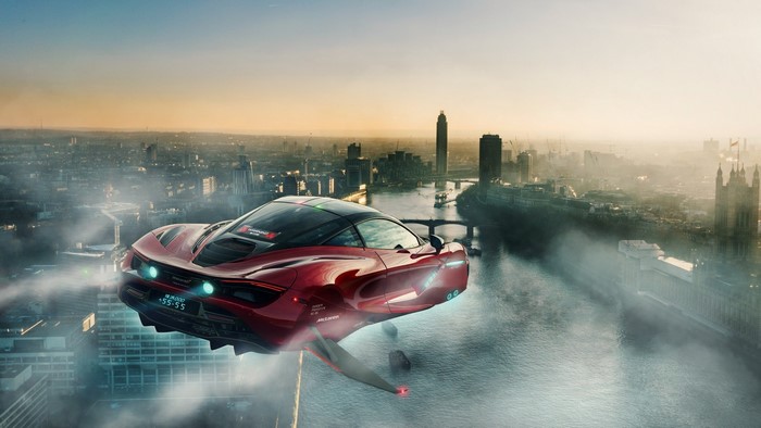 Futuristic McLaren car flying over London