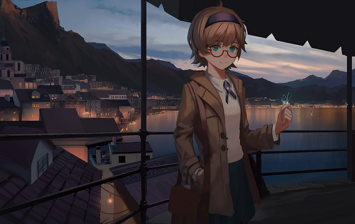 Lotte Yansson from Little Witch Academia at dusk by a lake