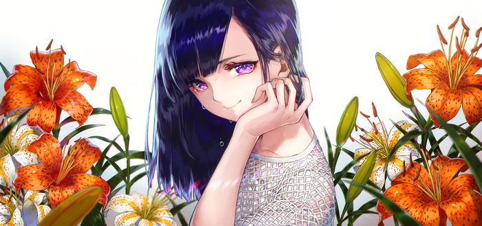 Anime girl with purple eyes and blue hair surrounded by lilies