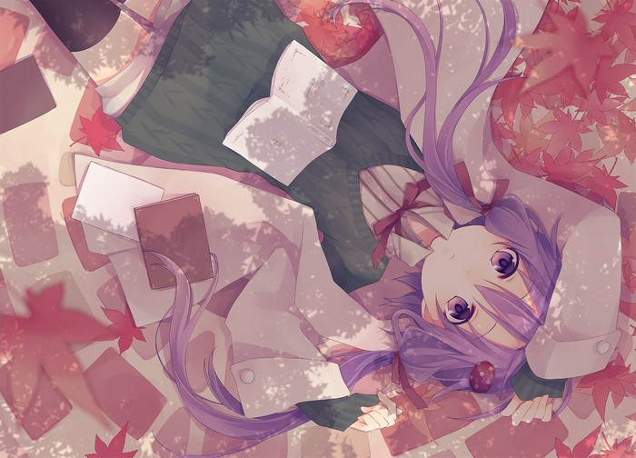 Anime girl with purple hair and eyes lying down
