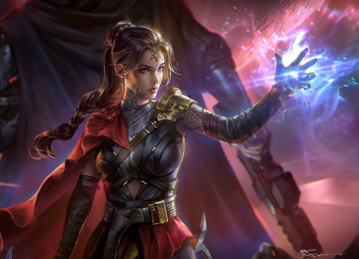 Fantasy warrior woman casting magic with tattoos