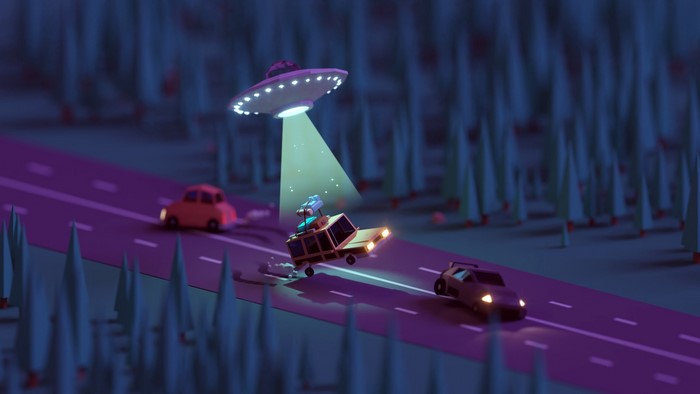 Alien abduction of a car on a forest road at night