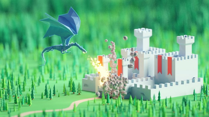 Dragon attacking a low-poly castle in a forest
