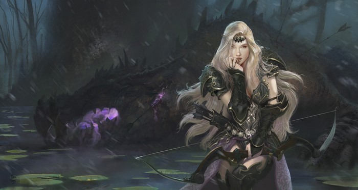Blonde warrior elf with bow and dragon in swamp