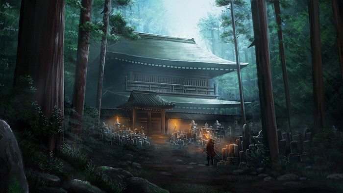 Warrior in a forest near a temple