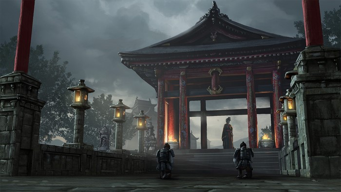 Samurai warriors at a Japanese temple entrance