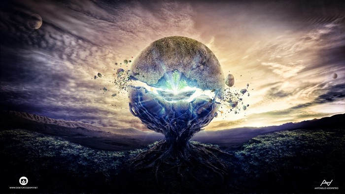Digital art of a cracked planet with roots and debris