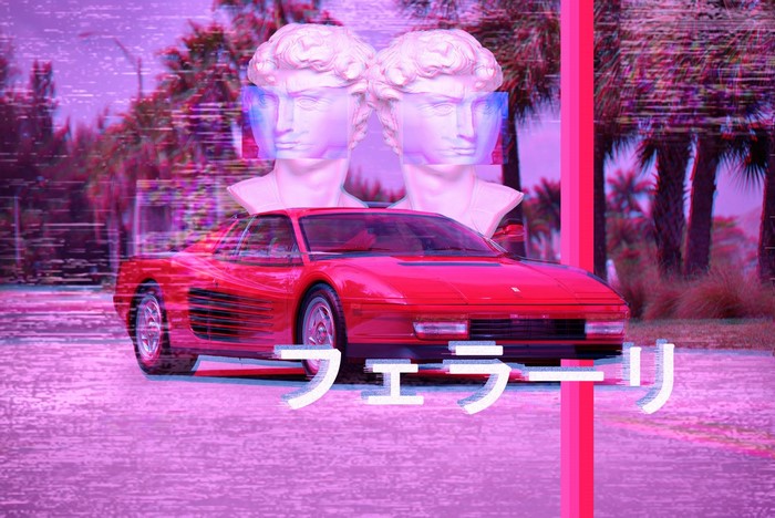 Ferrari car with Roman busts and glitch art effect