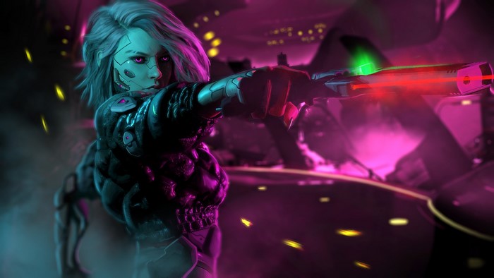 Cyborg woman with white hair aiming a gun