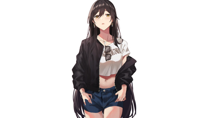 Anime girl with long dark hair wearing shorts and jacket