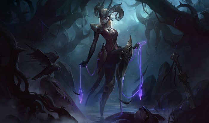 Camille from League of Legends in a dark forest