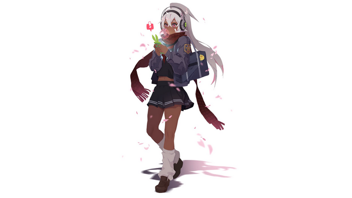 Anime girl with headphones and scarf holding a flower