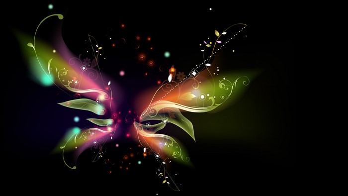 Abstract butterfly with glowing floral elements on black background