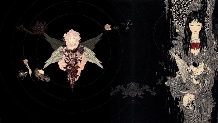 Dark fantasy artwork with winged figures and skulls