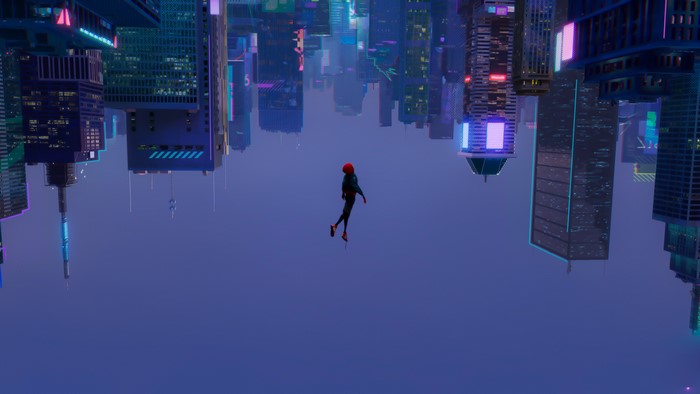 Miles Morales from Spider-Man: Into the Spider-Verse flying upside down