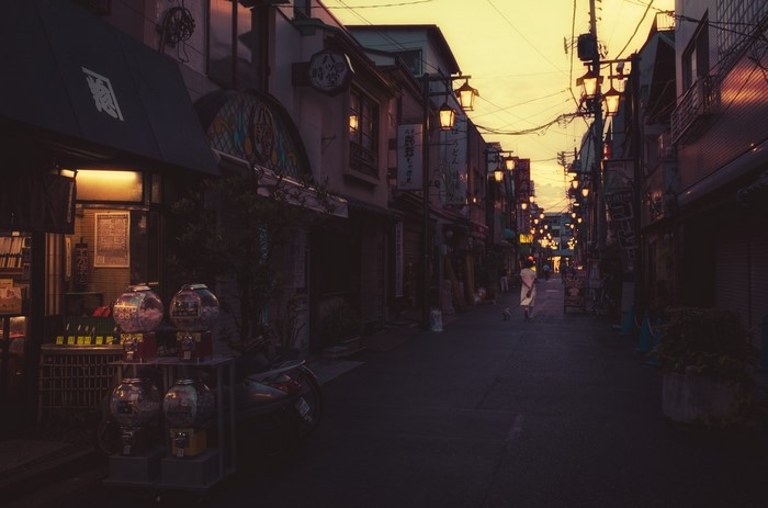 Street in Japan at Dusk with Lanterns