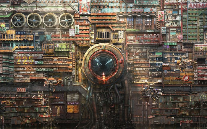 Cyberpunk cityscape with large mechanical eye