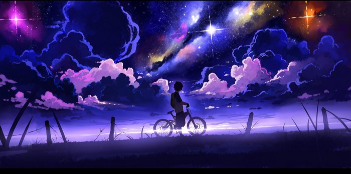 Boy with bicycle looking at starry night sky with clouds