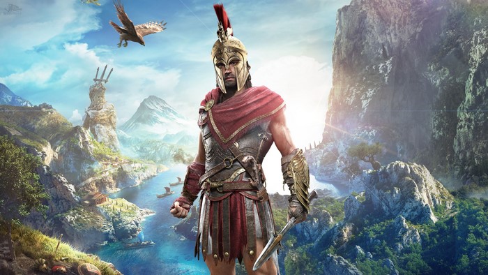 Alexios from Assassin's Creed Odyssey in a Greek landscape