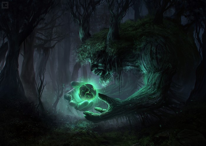 Giant tree creature holding a glowing orb in a dark forest