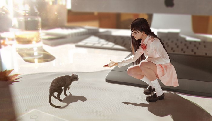 Girl in school uniform feeding a cat