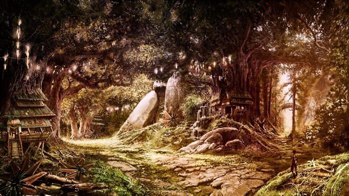 Fantasy forest with glowing lights and structures