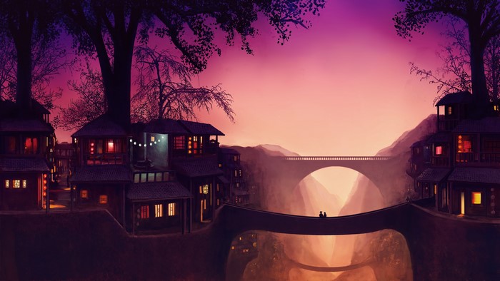 Fantasy village with bridges at sunset