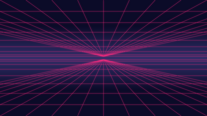 Retro grid perspective with neon pink lines on dark background