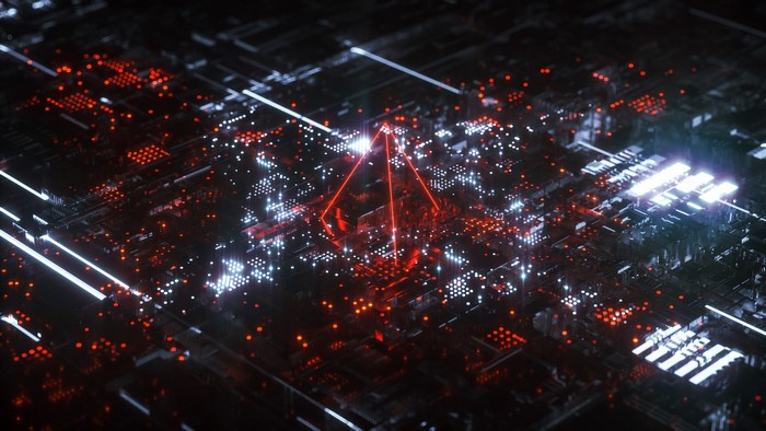 Abstract digital circuit board with red pyramid