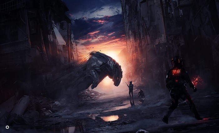 Futuristic monster in a destroyed city at sunset