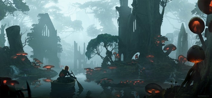 Fantasy forest with glowing mushrooms and a person in a boat